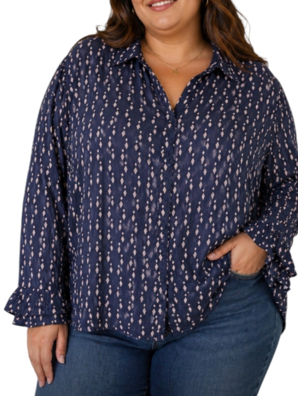 Soft Surroundings Poet Button Front Tunic Blouse Blue White Ruffle Sleeve